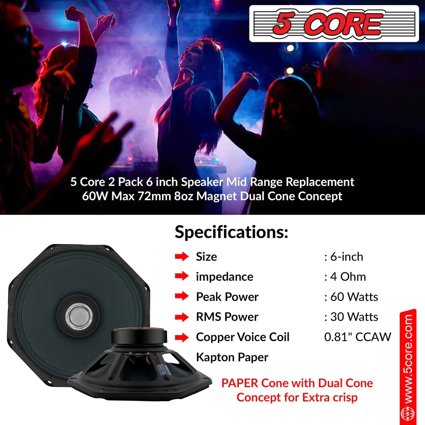 5 Core 6 Inch Subwoofer Speaker 300W Peak 4 Ohm Replacement Car Bass Sub Woofer w Dual Cone