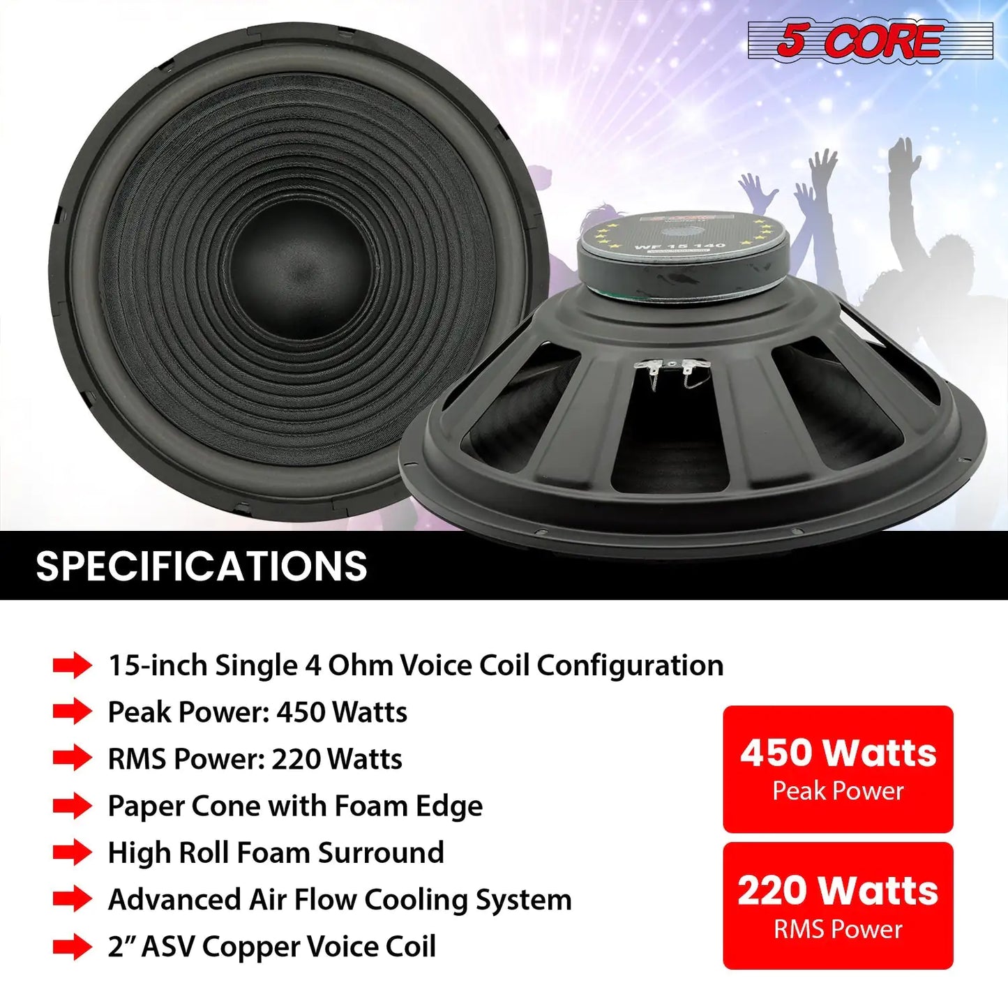 5Core 15 Inch Subwoofer Speaker 450W Max 4Ohm Replacement Car Sub woofers