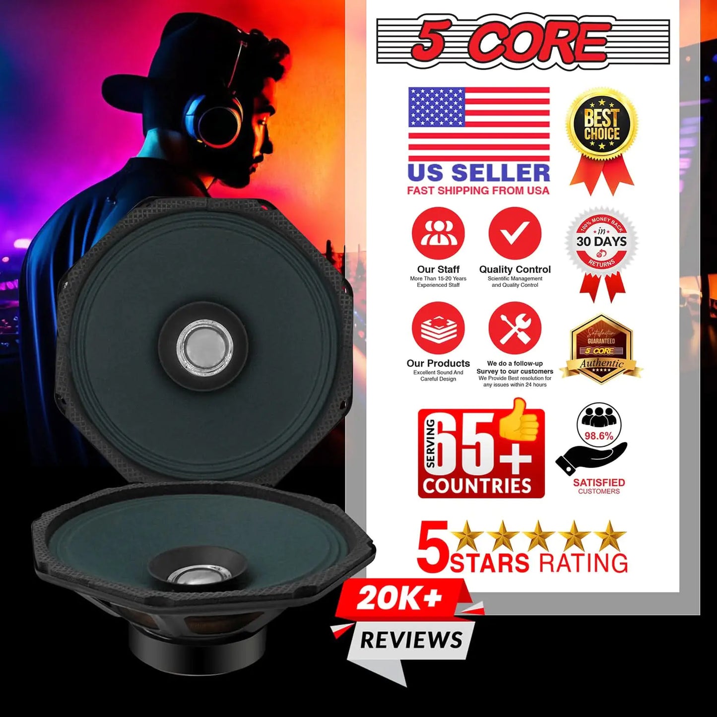 5 Core 6 Inch Subwoofer Speaker 300W Peak 4 Ohm Replacement Car Bass Sub Woofer w Dual Cone