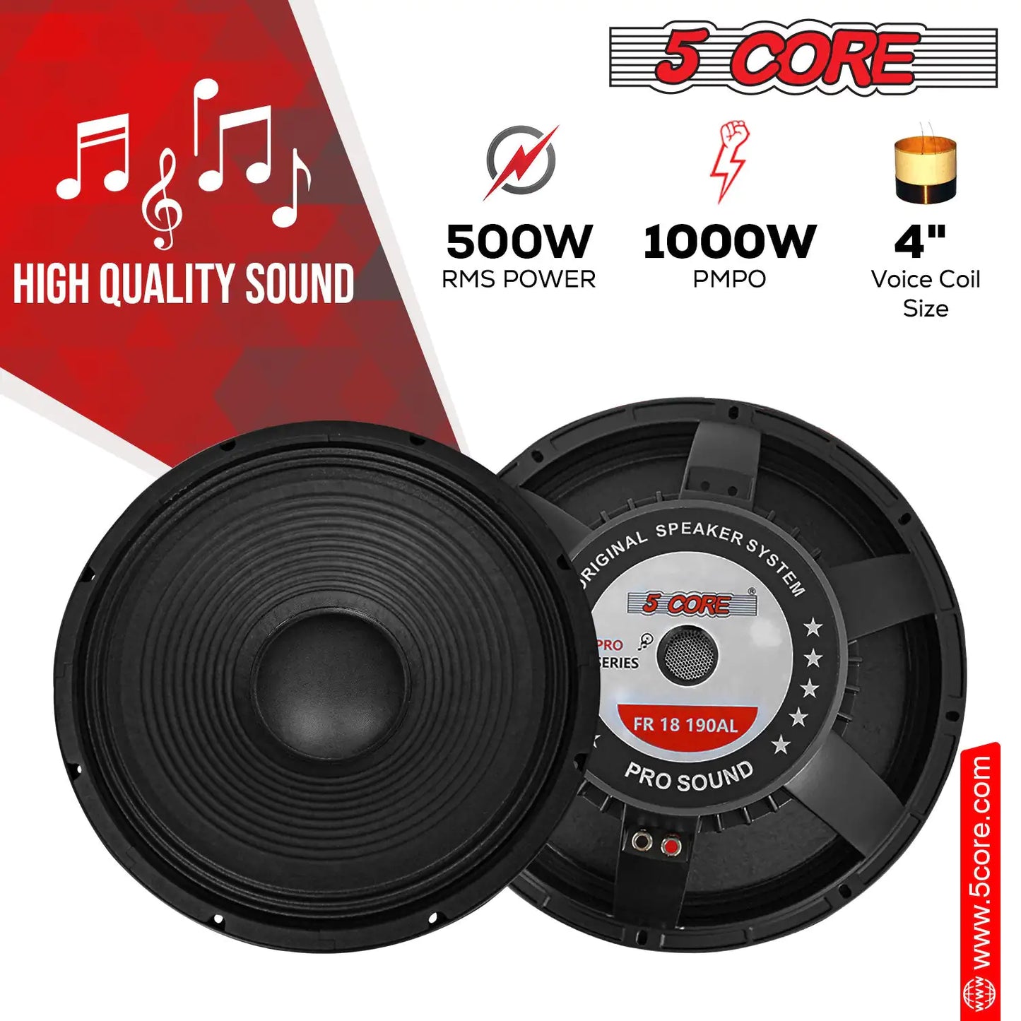 5Core 18 Inch Subwoofer Speaker 1000W Max 8Ohm Full Range Replacement DJ Sub Woofer