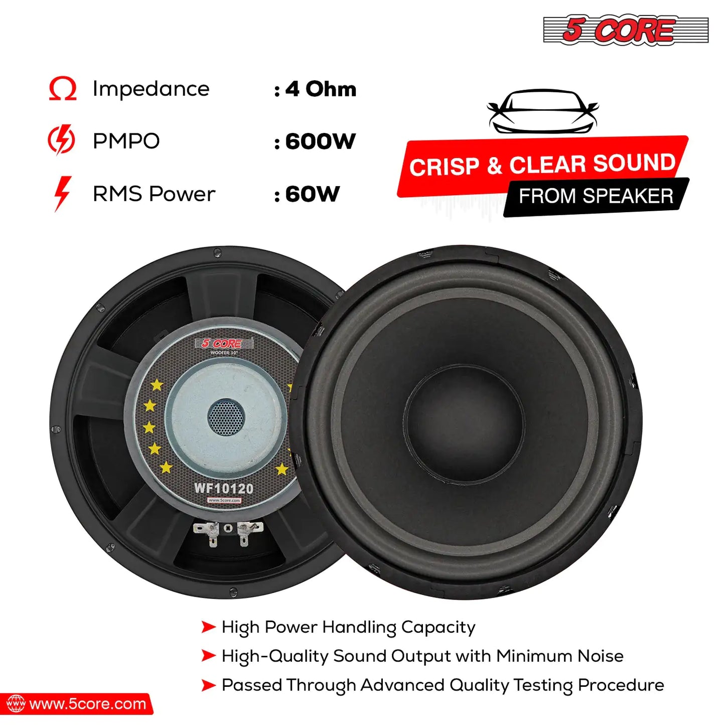 5Core 10 inch Subwoofer Speaker 600W Peak 4Ohm Car Replacement Sub Woofers